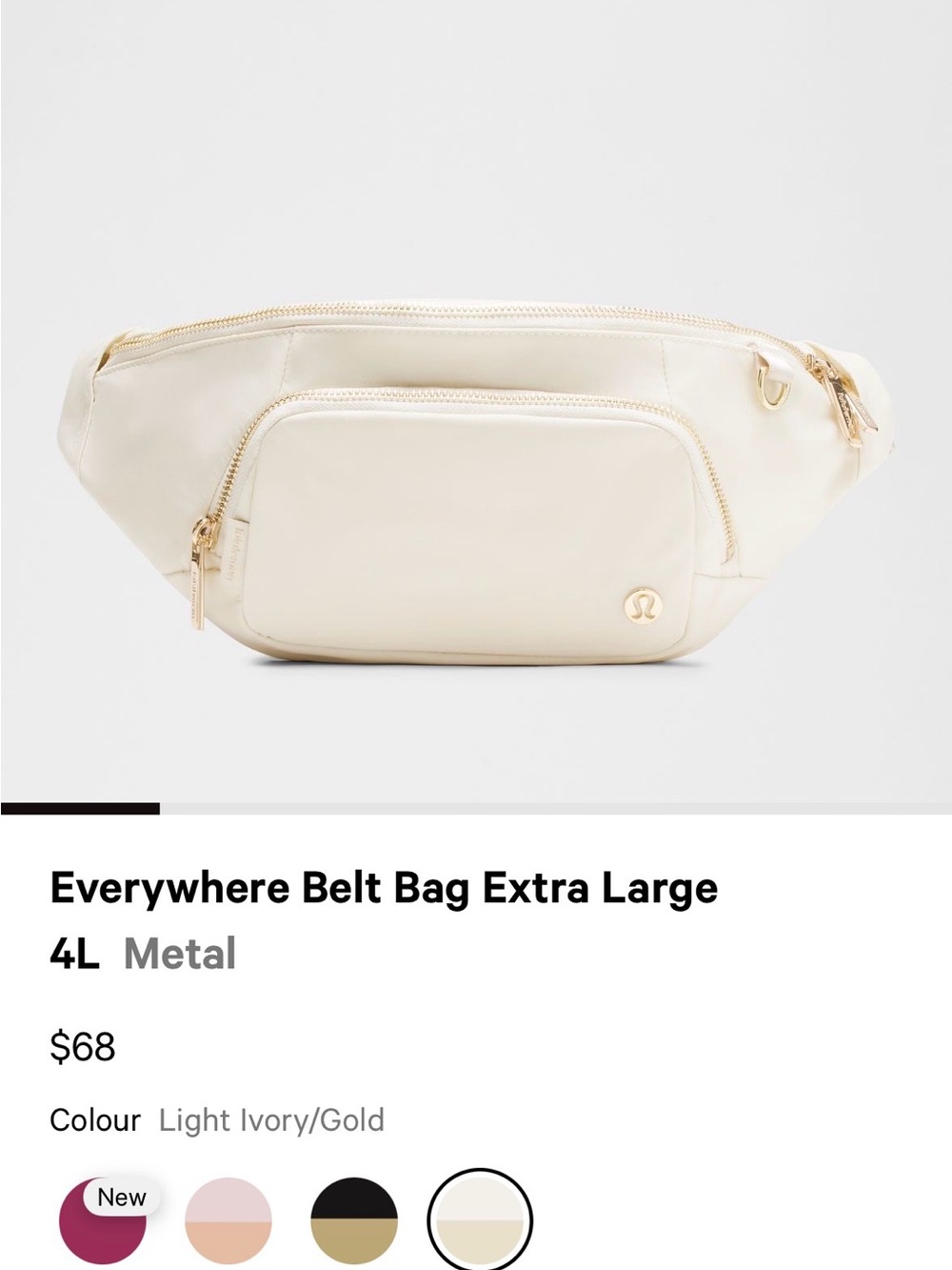 lululemon athletica Everywhere Belt Bag 4L- Light Ivory with Gold Hardware